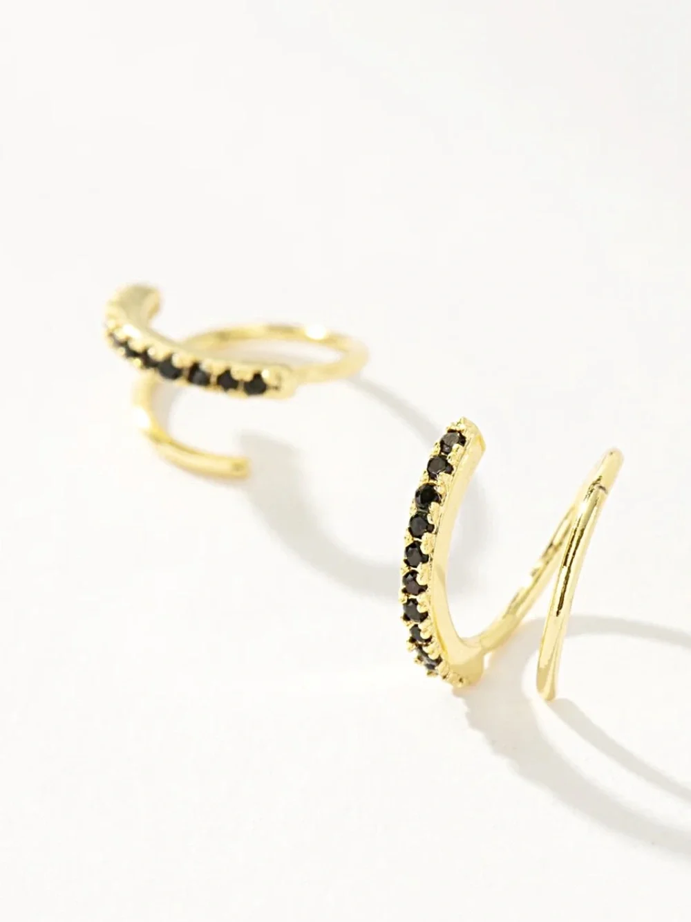 NWT Uncommon James, Seeing Double Spiral Hoop Gold Earrings with Black CZ Stones